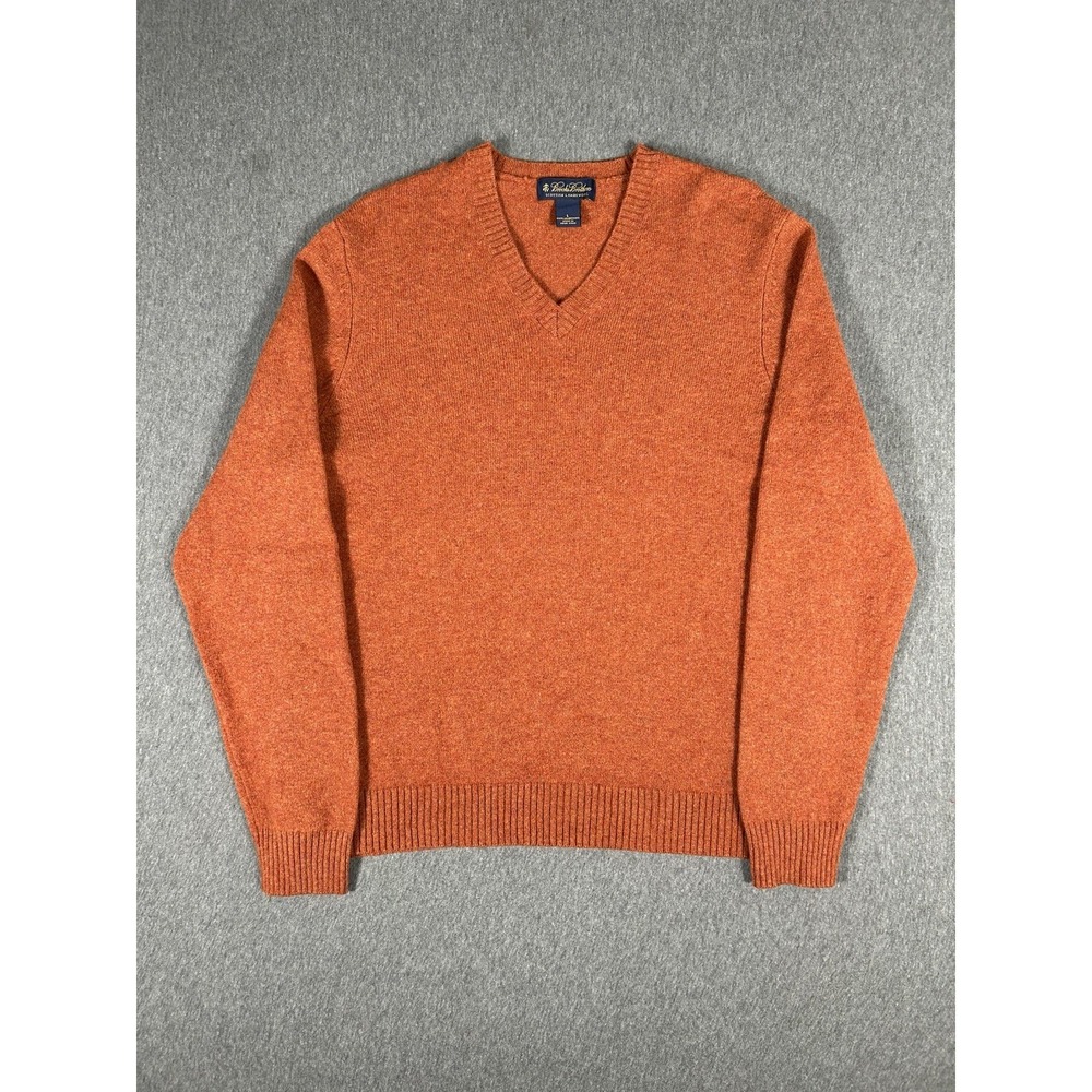 Brooks Brothers V-Neck Sweater Mens Orange 100% Lambswool Scottish Preppy L
